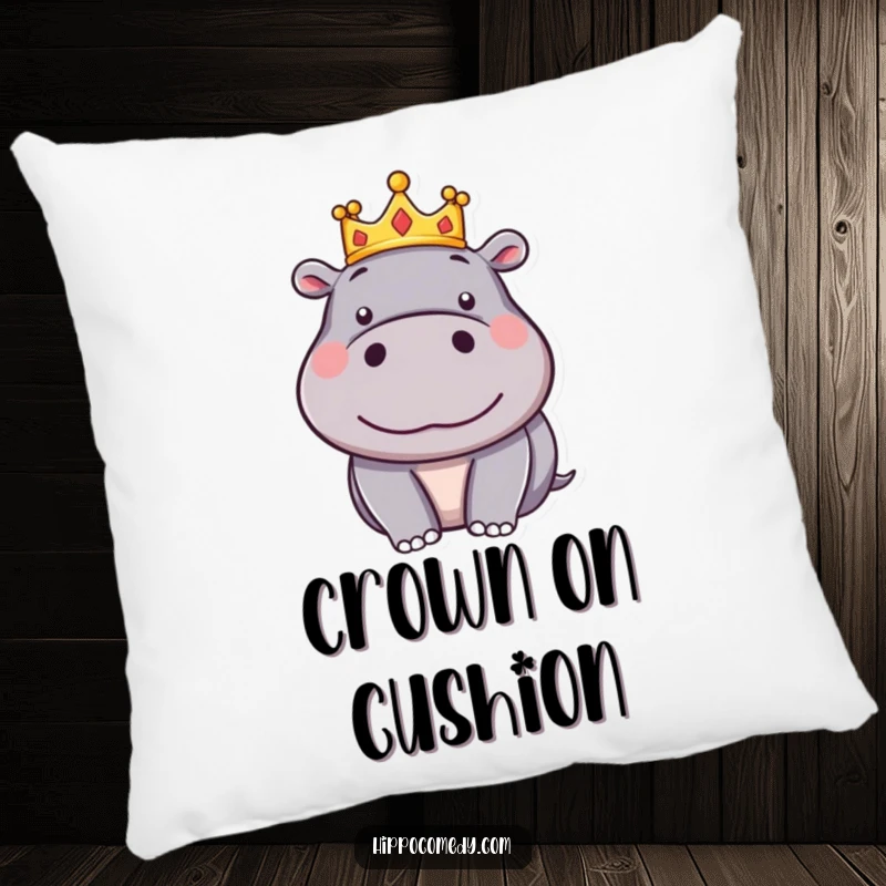 Funny Hippo Crown Pillow: A silly cartoon hippo wears a tiny crown with a delighted, pleased expression, looking very regal.