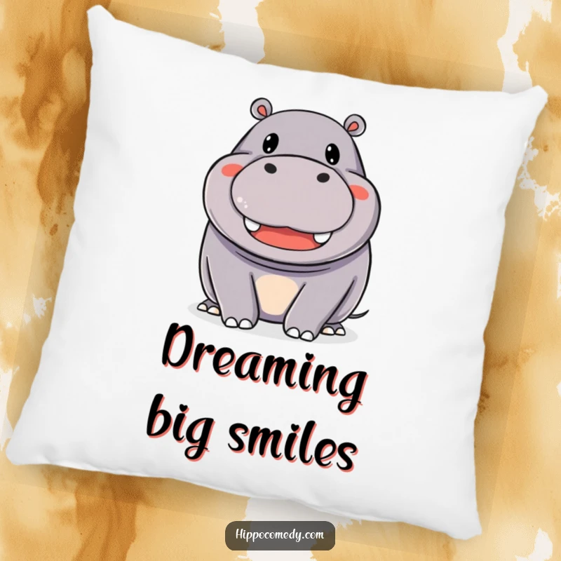Funny Pillow: A happy hippopotamus with a wide, beaming smile, perfect for comfortable lounging and spreading cheer.
