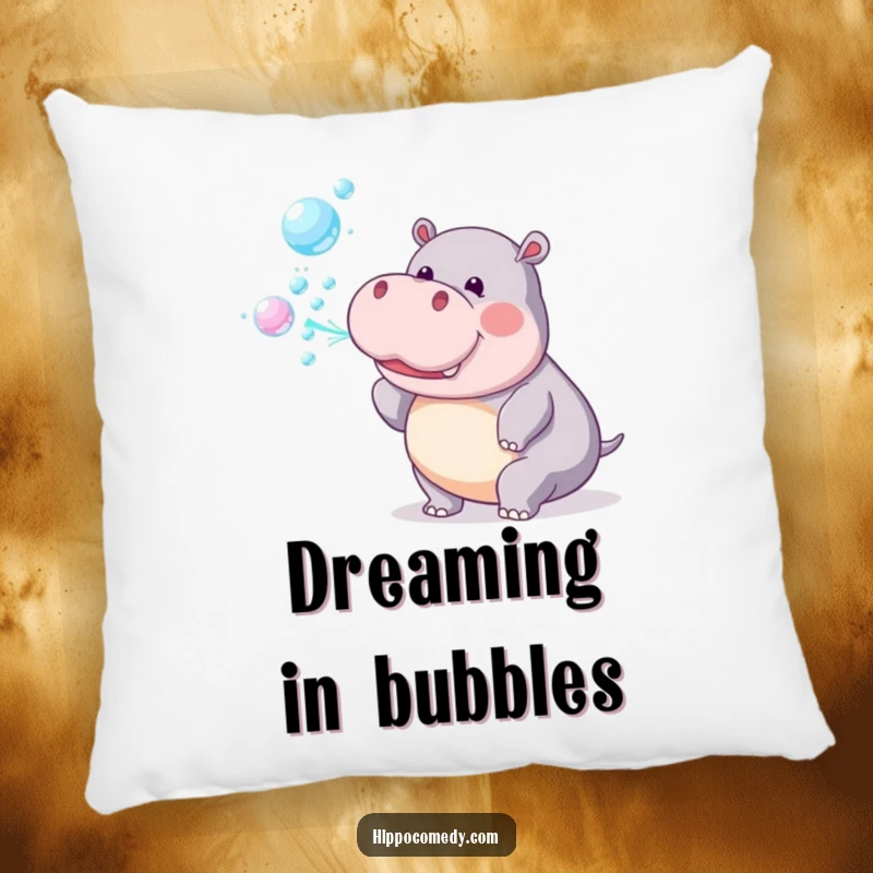 Funny Pillow: A playful hippopotamus blows a delightful stream of colorful rainbow bubbles, adding whimsy.