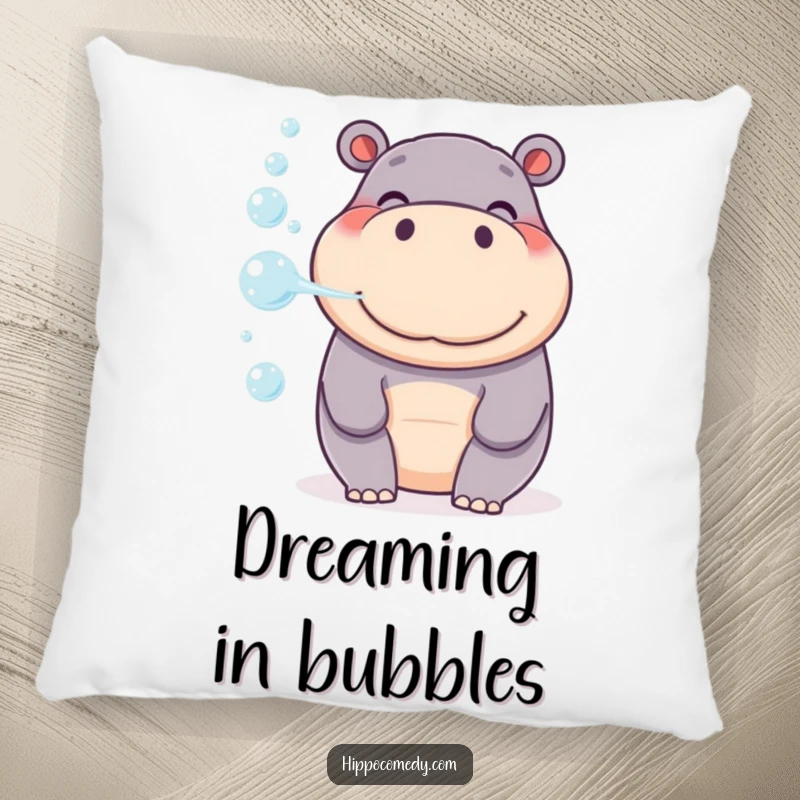 Funny Hippo Bubble Pillow, a smiling hippo gently blowing a stream of colorful bubbles, perfect for cozy comfort.