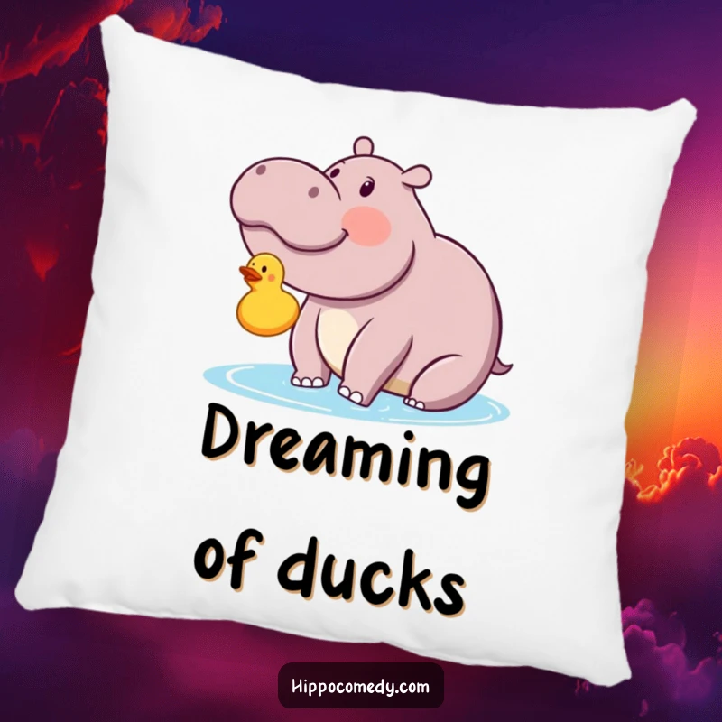 Funny kawaii hippopotamus looking with delight at a floating rubber ducky on a pillow, offering soft, comical comfort and joy.