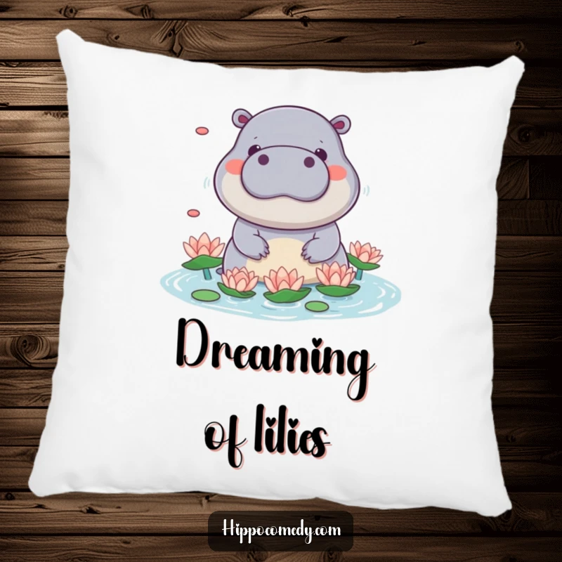 Funny kawaii hippo pillow featuring a cute hippo playfully juggling water lilies with its snout, looking skilled and happy.