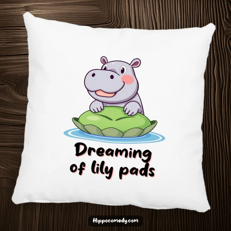Funny pillow illustration of an excited hippo with wide eyes and a huge grin, peeking over a massive lily pad. Soft and amusing.