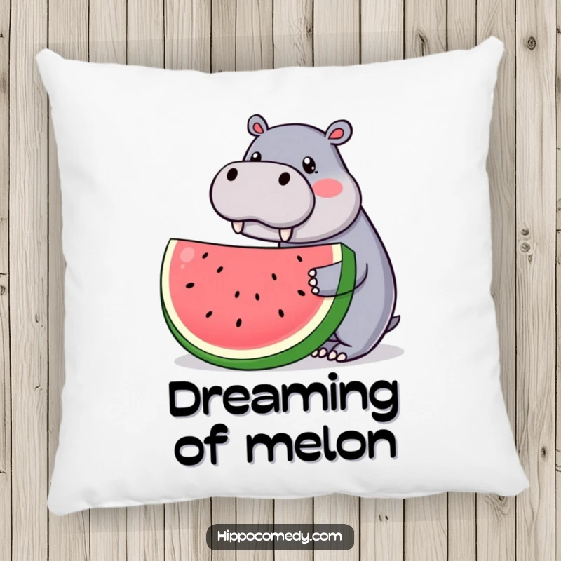 Funny pillow with a kawaii hippopotamus offering a large watermelon slice, providing cute and humorous comfort for any sofa.