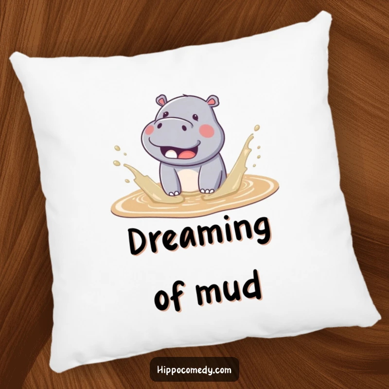 Funny kawaii hippo pillow featuring a cute hippo happily splashing in mud, with adorable water droplets flying around.