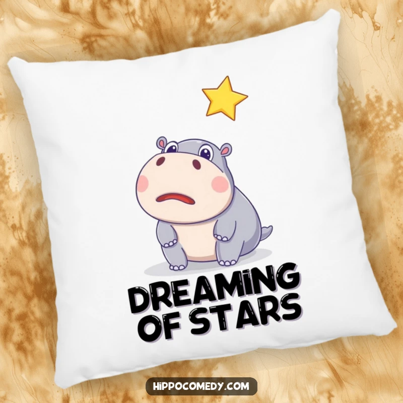 Funny pillow featuring a surprised hippo watching a sparkling star, offering comfortable and humorous decorative accents.