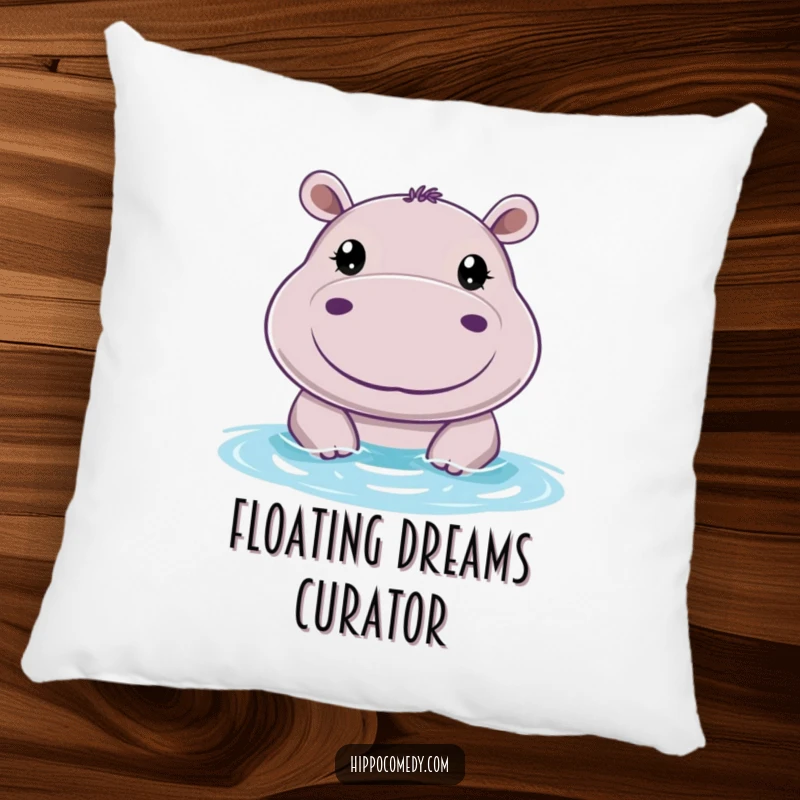 Funny decorative pillow with a cheerful hippo with big, round eyes, peeking above water, providing comfort and humorous vibes.