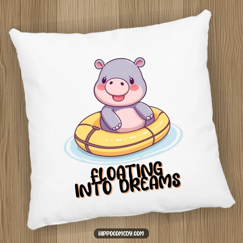 Funny tiny hippo pillow, depicting a happy hippo floating on a toy raft, perfect for cozying up with.