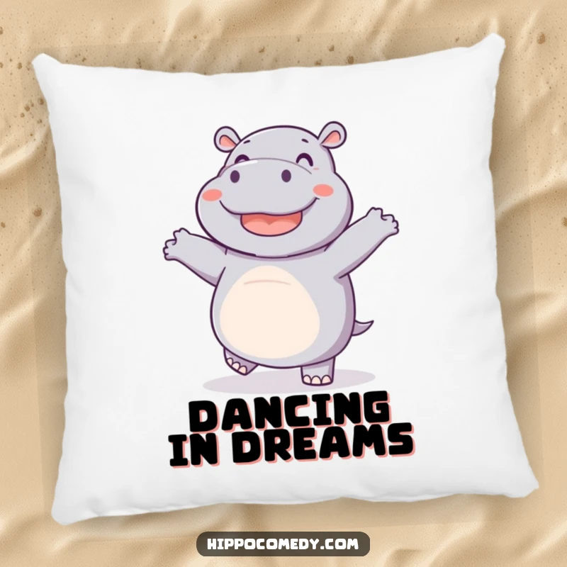 Funny pillow featuring a joyful hippo dancing with wiggling feet, offering comfortable and humorous decorative accents.