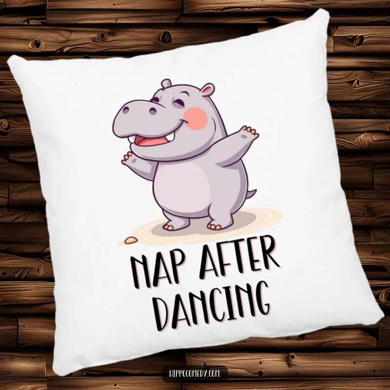 Funny giggling hippo pillow, shown dancing joyfully on the shore, perfect for adding comfort and humor.