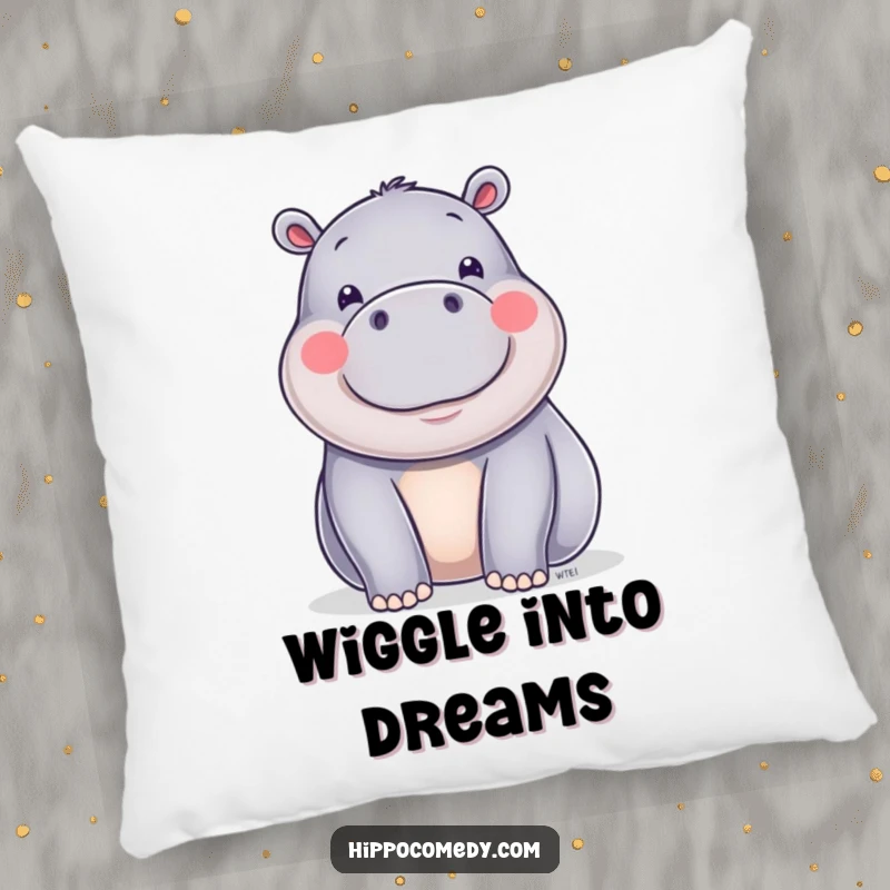 A soft pillow featuring a funny happy hippo with shiny skin doing a little wiggle, perfect for adding cheer.