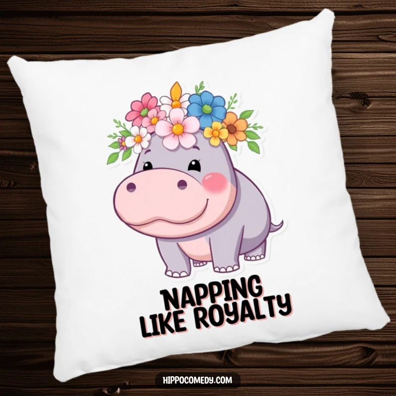 Funny hippo pillow, proudly wearing a flower crown, perfect for adding comfort and regal charm.