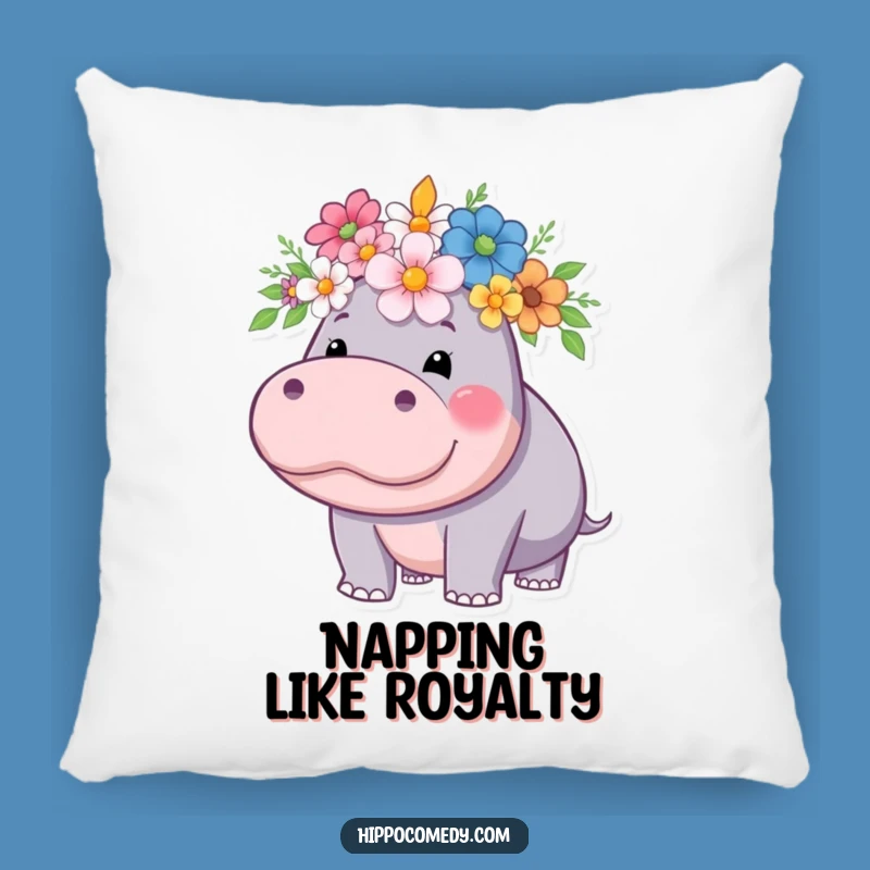 Funny Hippo Flower Crown Pillow - Regal Comfort with a Floral Touch