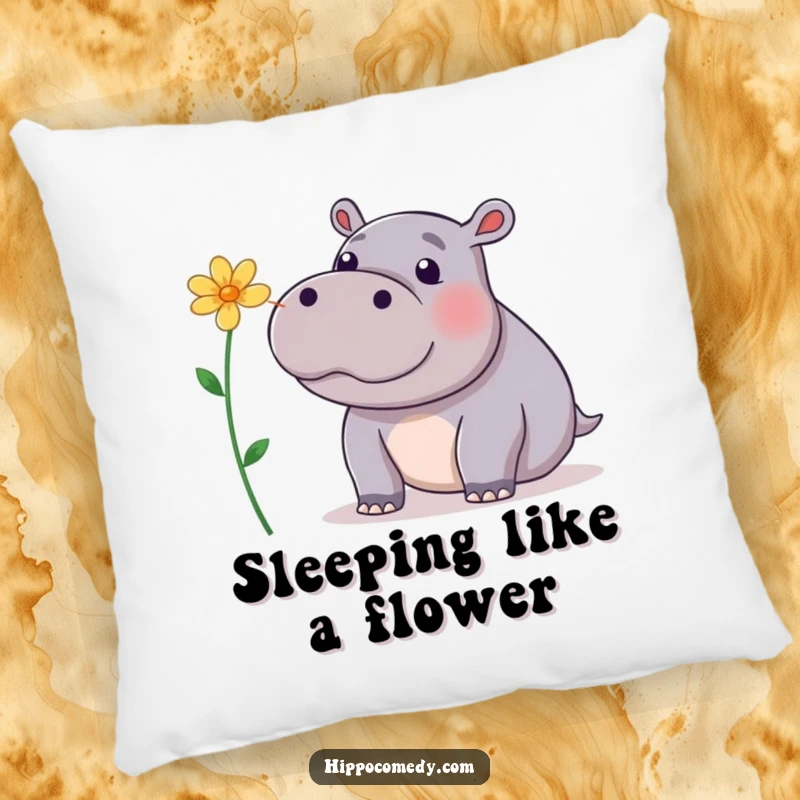Funny Pillow: A playful hippopotamus balancing a flower on its nose, perfect for adding comfort and whimsical decor.