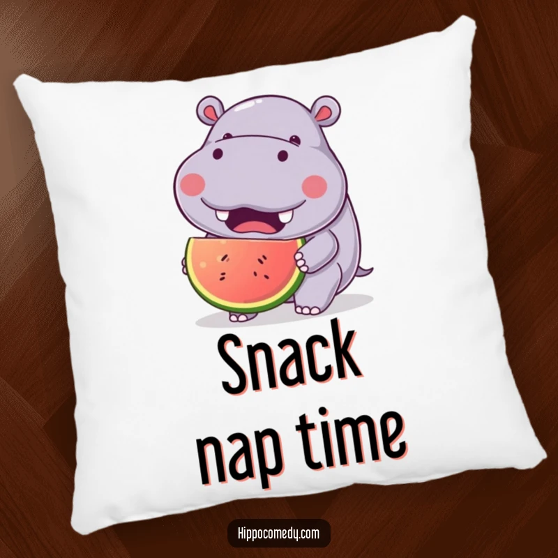 Funny Hippo Fruit Pillow featuring a cute kawaii hippopotamus with a joyful expression, eating a large fruit, ideal for comfort and humor.