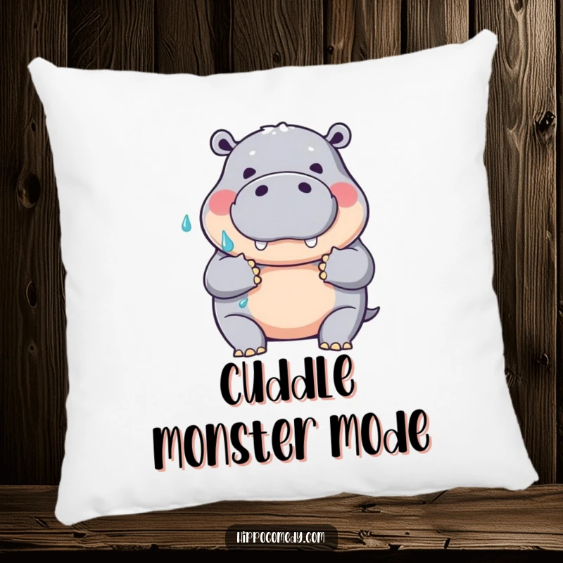 Funny pillow with a friendly hippopotamus giving a big, wet hug gesture, offering humorous comfort and a warm decorative touch.