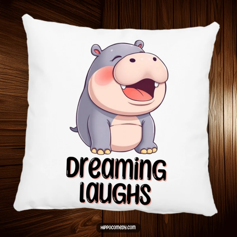 Funny hippo in a silent, joyful laugh, printed on a soft pillow for humorous and cozy decor.