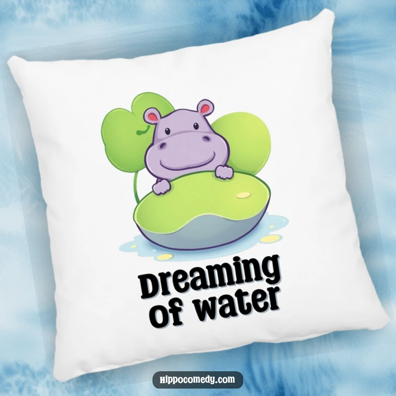 Funny pillow featuring a hippopotamus peeking from behind a lily pad, adding a touch of playful mystery.