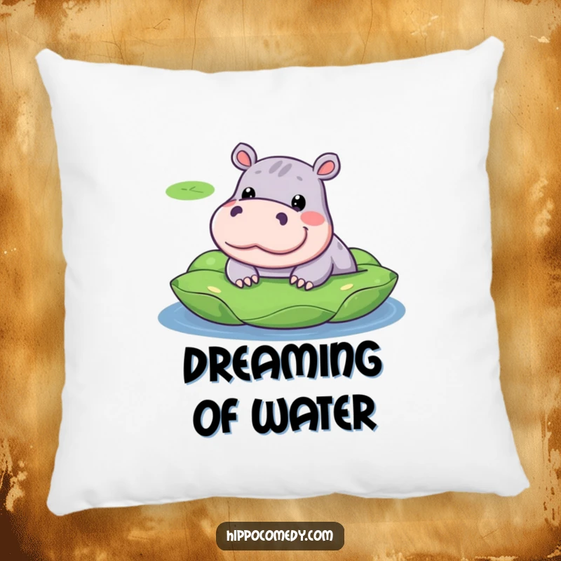 Funny pillow graphic of a kawaii hippopotamus with a silly expression, peeking from a lily pad.