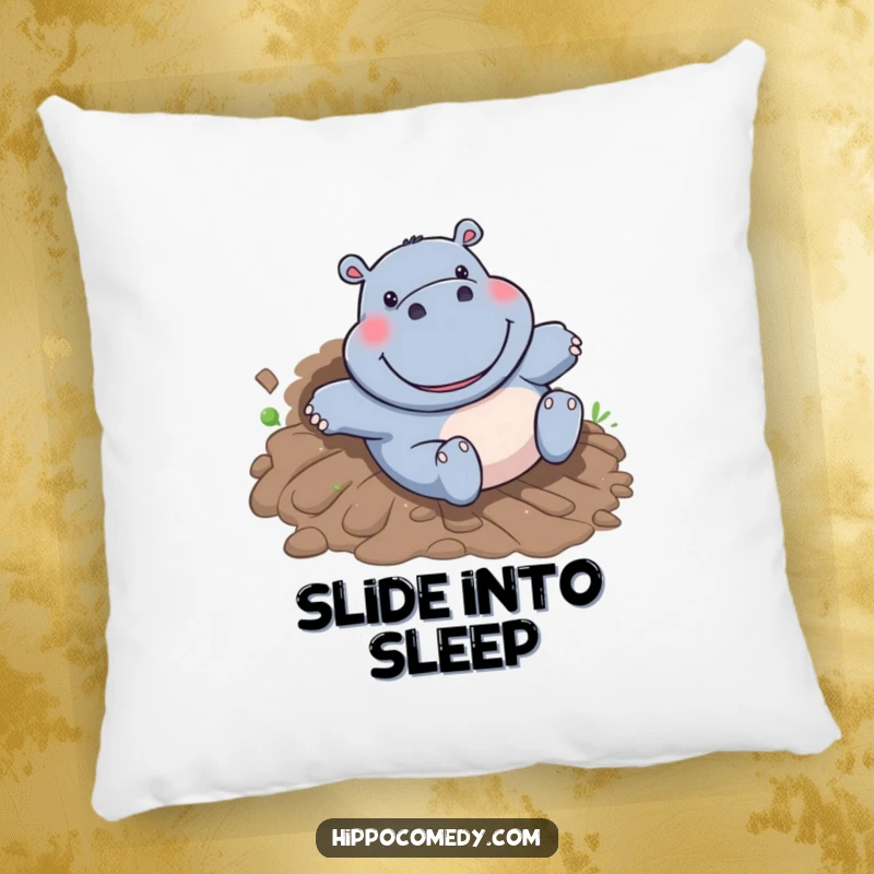 Funny Hippo Pillow: A happy cartoon hippo with a huge grin slides down a muddy hill, radiating carefree bliss.