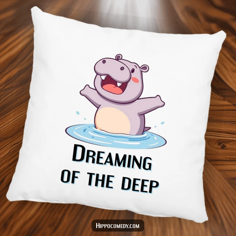 Funny pillow with a happy hippopotamus excited to jump into water, offering a soft and humorous decorative accent for any couch.