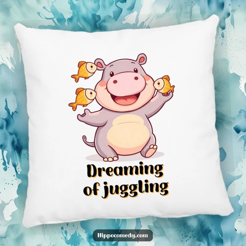 Funny happy hippo pillow featuring a smiling hippopotamus juggling three small fish, offering comfort and a dose of aquatic humor.