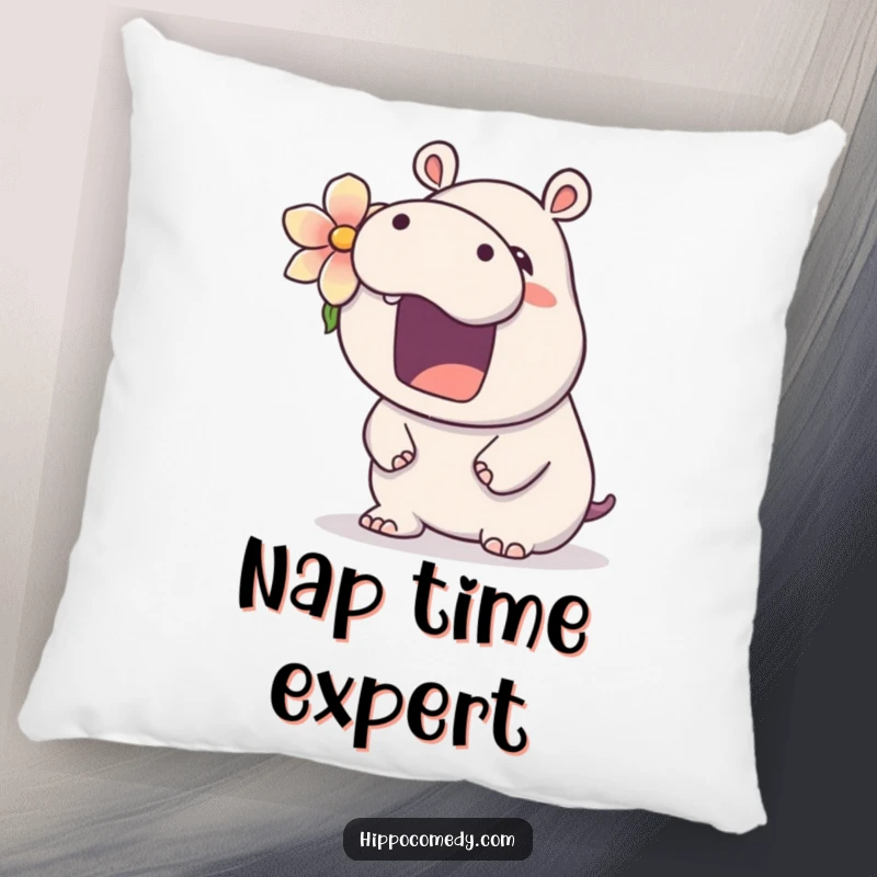 Funny kawaii hippo pillow featuring a cute hippopotamus with a flower, yawning widely, offering comfort and a dose of adorable sleepiness.