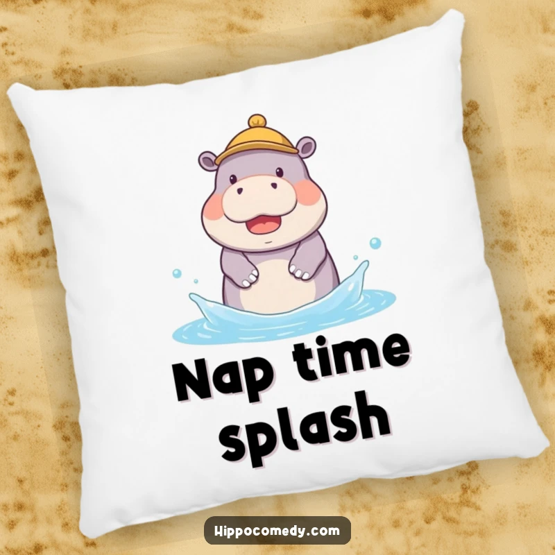 Funny pillow showing a kawaii hippopotamus in a tiny hat, joyfully splashing water, offering soft, cute humor.
