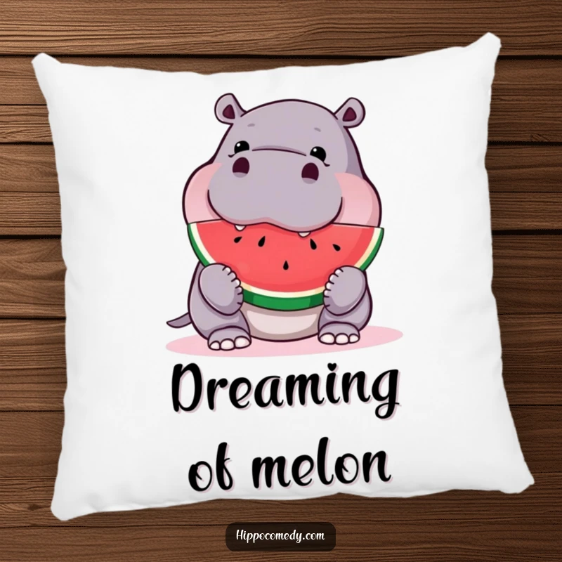 Funny hippo pillow, contentedly snuggling a giant watermelon slice, embodying relaxation and a good sense of humor.