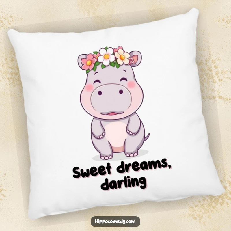 Funny kawaii hippo pillow featuring a cute hippo wearing a flower crown and adorably blowing a kiss.