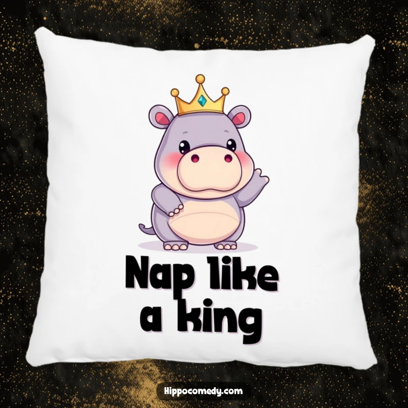 Funny kawaii hippopotamus wearing a tiny crown, striking a funny pose on a pillow, offering soft, comical comfort.