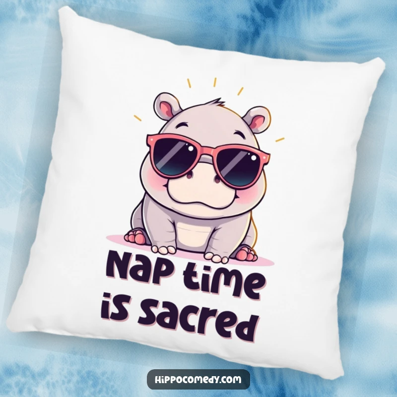 Funny kawaii hippopotamus in oversized sunglasses, a plush pillow design bringing cool comfort and sunny vibes to any space.