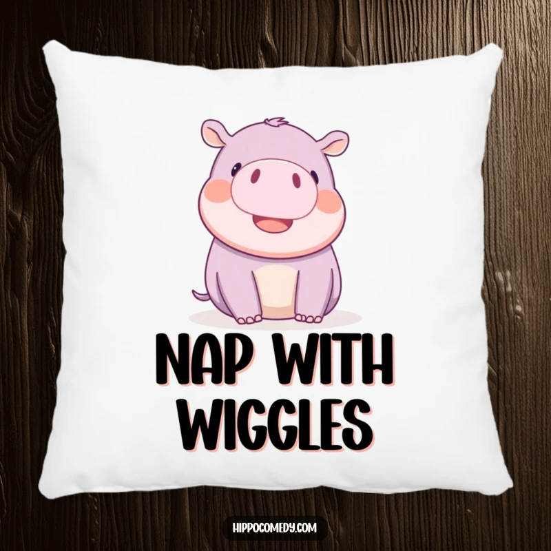 Funny kawaii hippopotamus playfully wiggling its tiny ears with delight, on a soft and decorative pillow.