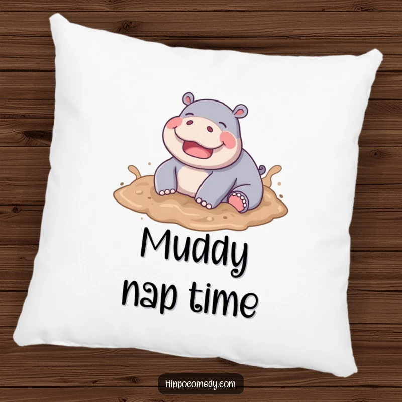 Funny Muddy Hippo Pillow, a joyful hippo playfully rolling in soft brown mud, offering cozy comfort.