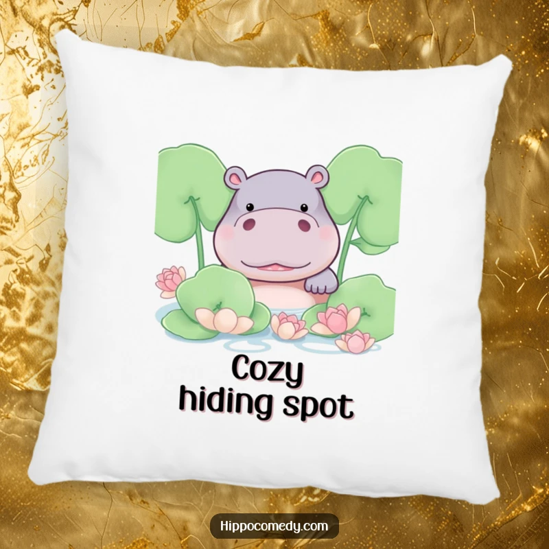 Funny hippo blushing shyly from behind lily pads on a soft pillow, adding humorous decor.