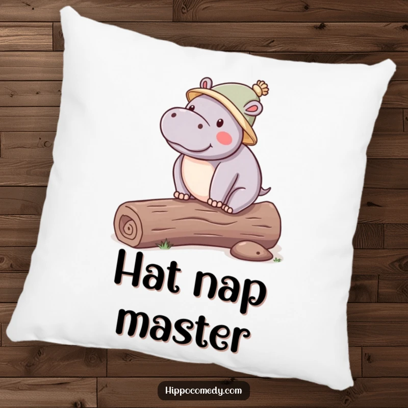 Funny Hippo Hat Pillow featuring a cute kawaii hippopotamus in a hat, balancing on a log, ideal for cozying up with humor.