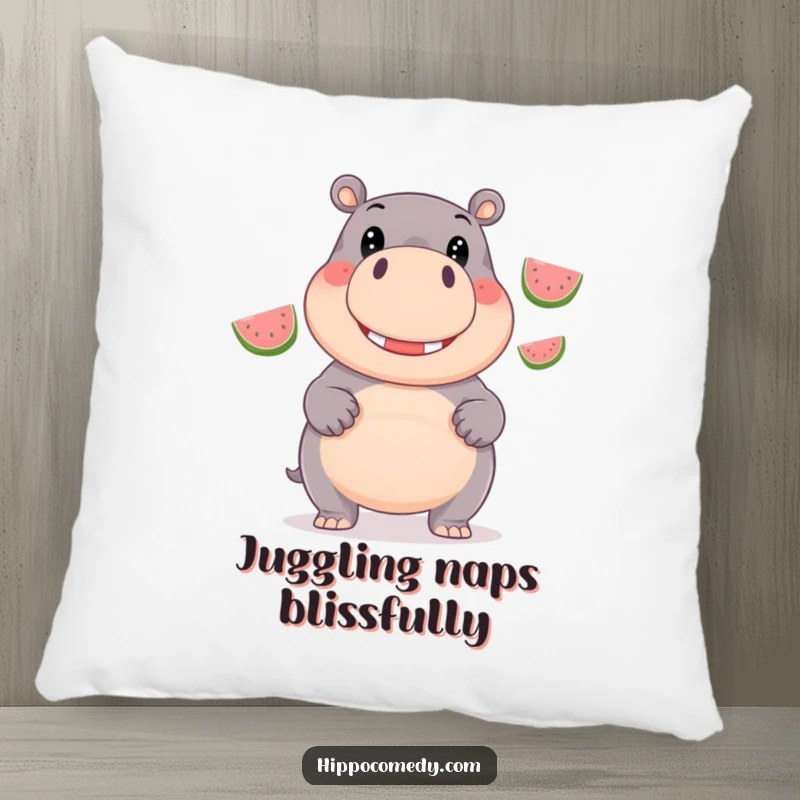 Funny Pillow: A giggling hippopotamus with happy eyes juggles three shiny watermelons, perfect for lounging.