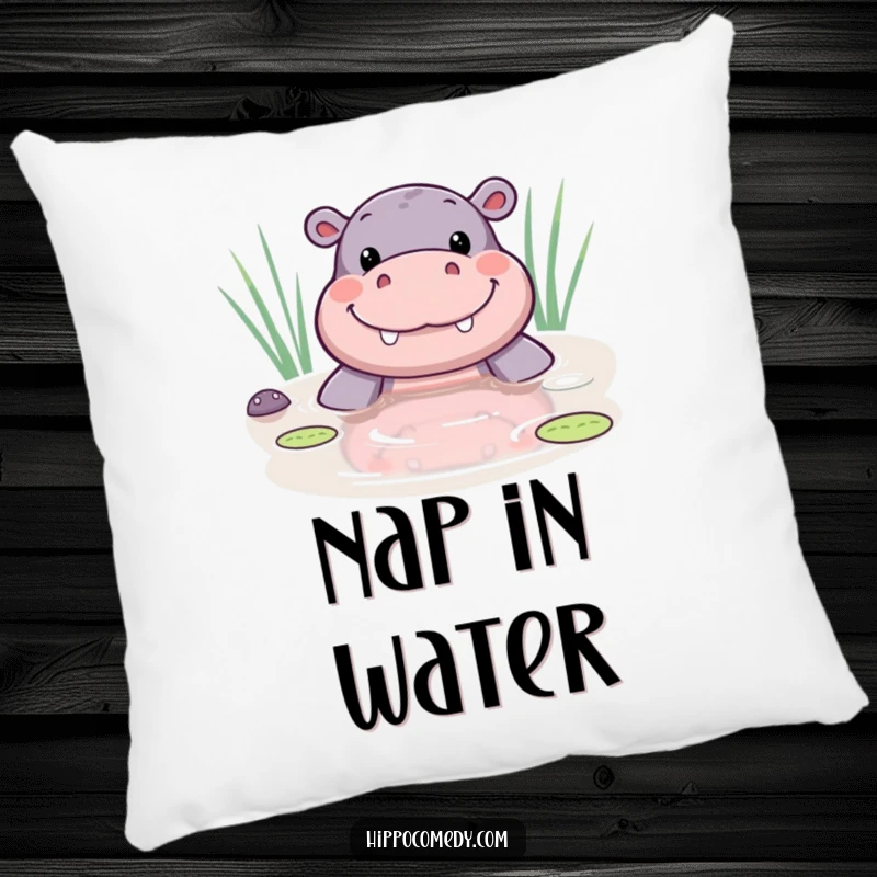 Funny kawaii hippo pillow featuring a cute hippo peeking from a pond with a wide, happy smile.