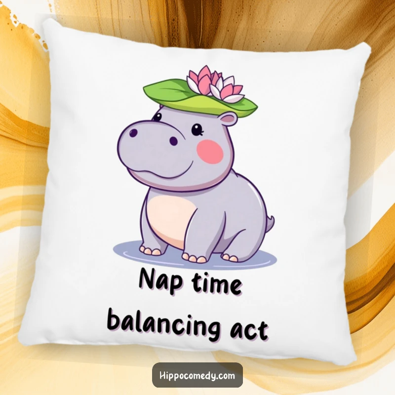 Funny kawaii hippopotamus pillow showing a cute hippo balancing a lily pad on its head, perfect for decoration.