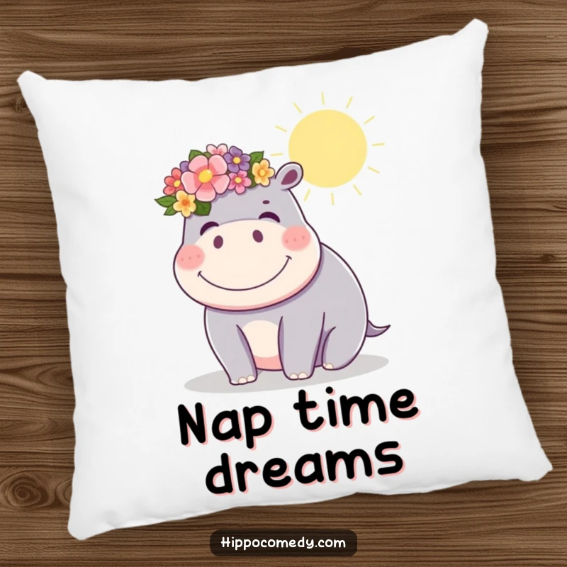 Funny kawaii hippopotamus wearing a charming flower crown, giggling in the sun, on a soft pillow, ideal for funny gifting.