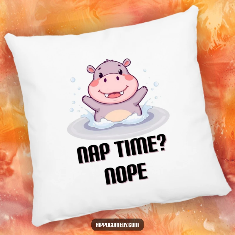 Funny Pillow: A cute hippopotamus joyfully splashing in a bubbly puddle, perfect for adding comfort and humor to any room.