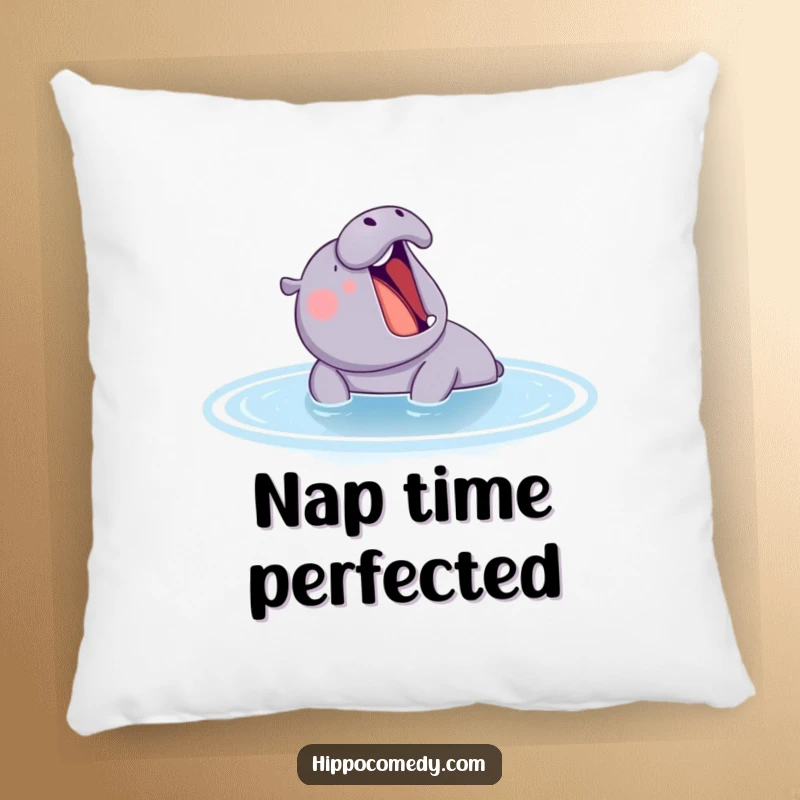 A plush pillow featuring a funny hippo yawning in a peaceful blue pond, offering both comfort and a humorous visual.