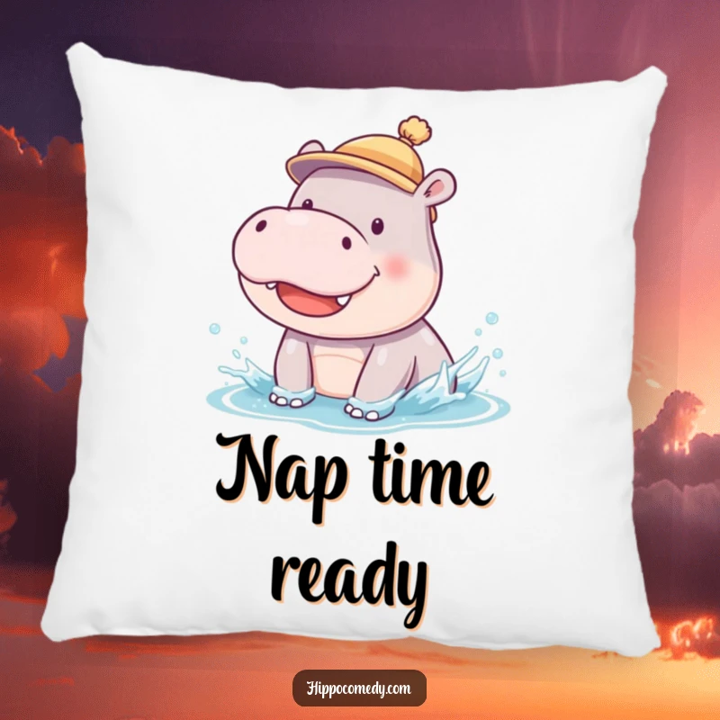Funny pillow illustrating a smiling hippopotamus cub in a hat, captured in a hilarious, watery splish-splash pose.