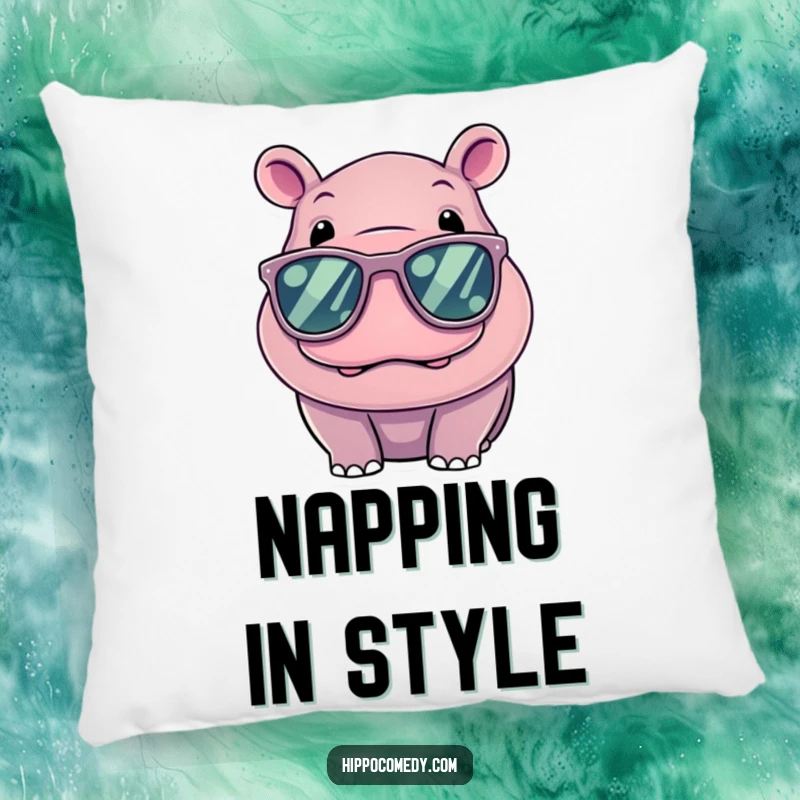 Funny Cool Hippo Pillow, a kawaii hippo wearing large sunglasses, looking relaxed and stylish on a soft pillow.