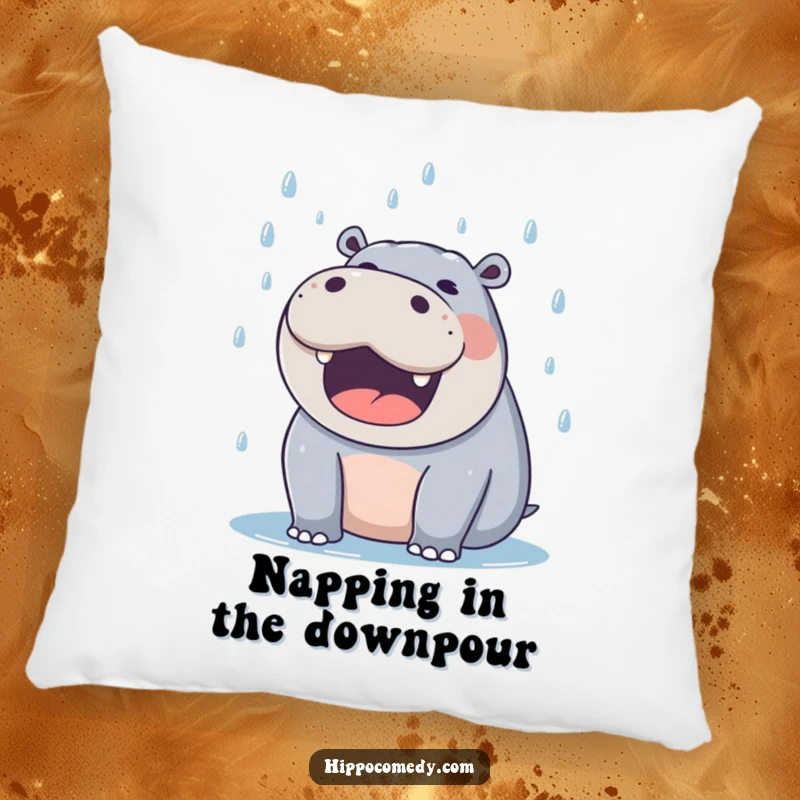 Funny hippo pillow showing a delighted hippo with mouth open, joyfully catching falling raindrops.