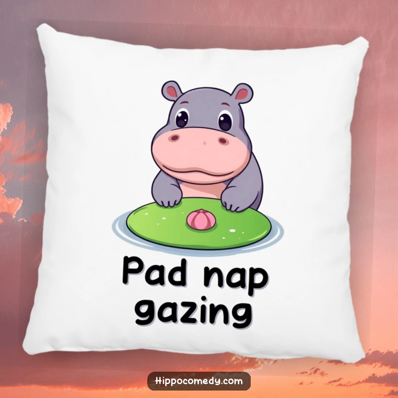 Funny pillow depicting a hippopotamus with wide, curious eyes gazing at a floating lily pad, offering a cute and tranquil accent.