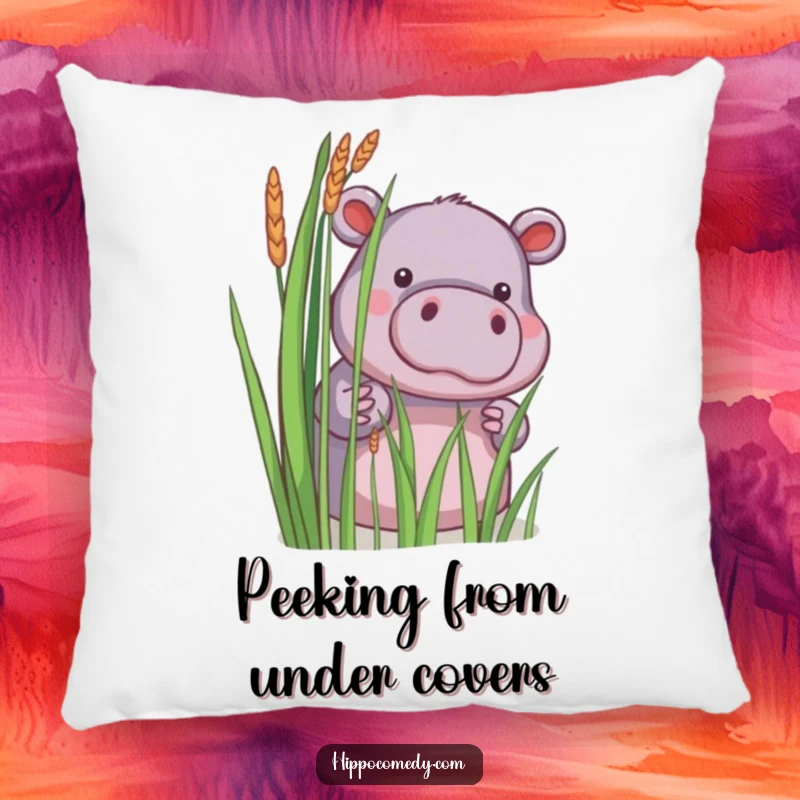 Funny pillow with a little hippopotamus shyly peeking from behind reeds, ideal for comfort and decor.