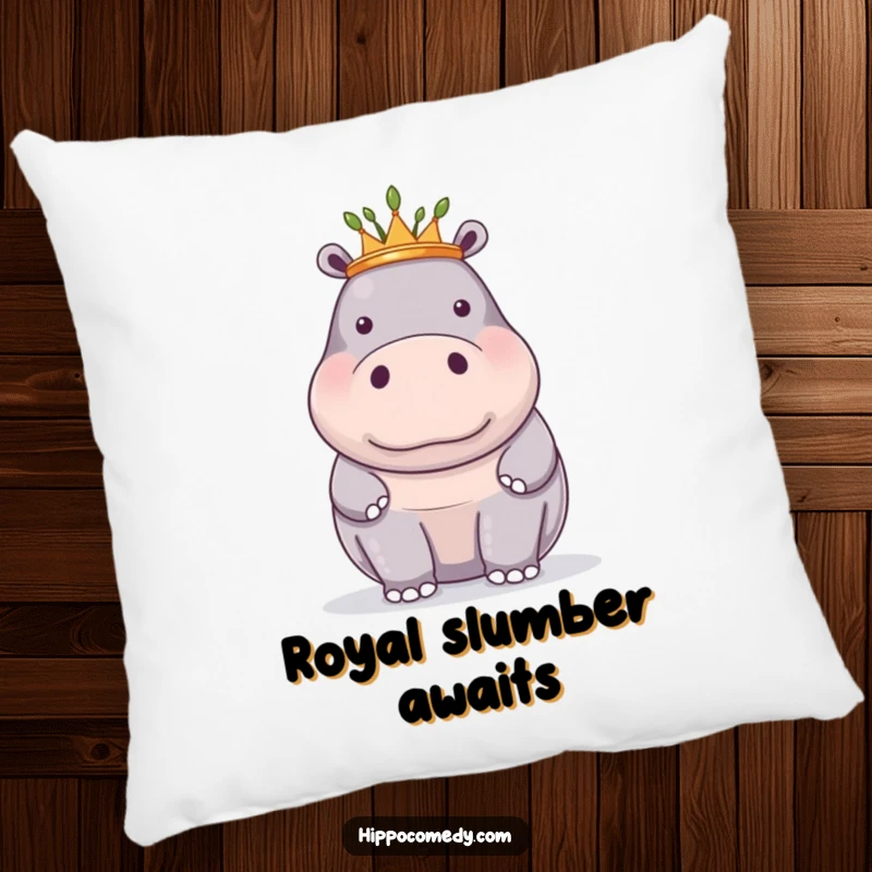 Funny pillow with a proud hippopotamus wearing a small crown of reeds, adding regal comfort and humor.