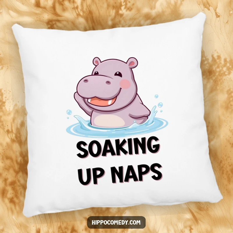 Funny kawaii hippopotamus joyfully splashing in cool water with a happy grin, on a soft and decorative pillow.