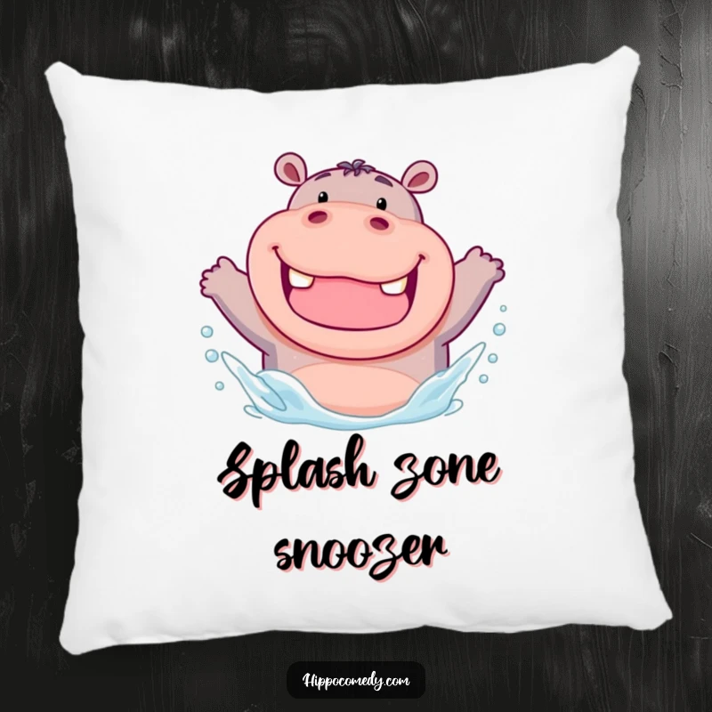 Funny decorative pillow with a chubby hippo with a wide grin, enthusiastically splashing water, providing comfort and humorous vibes.
